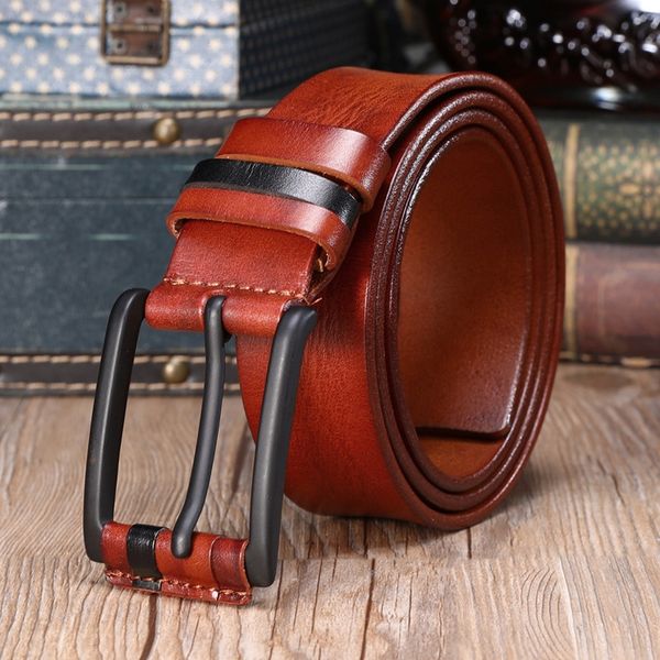 

handmade lamb leather men's pin belt layer cowhide all-match casual pin buckle belt, Black;brown