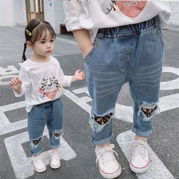 

l6voh children's clothing korean-style and jeans children's wear jeans girls' washed hole denim trousers leopard print stitch, Blue