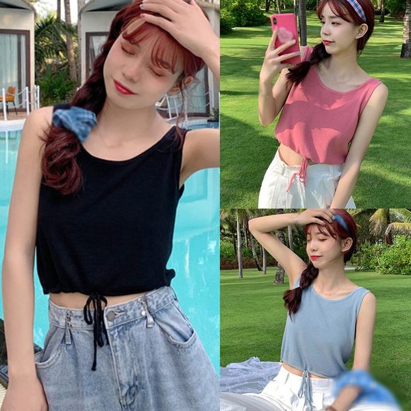 

women's tanks & camis hyuna drawstring slim short vest camisole tank tee shirt female loose o-neck plus size sleeveless ladies, White