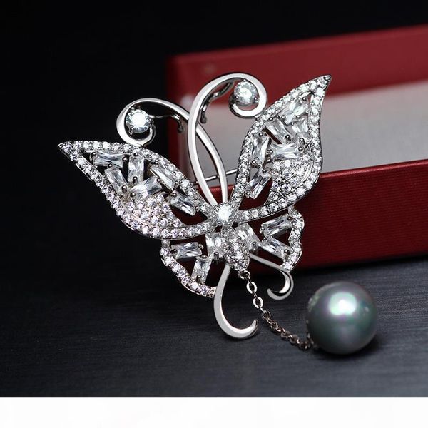 

r women dress wedding bridal zircon butterfly brooch pin with pearl pendant fashion jewelry party gifts, Gray