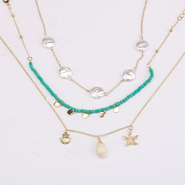 

european and american starfish shell three-piece necklace bohemian beach geometric pearl necklace multi-purpose, Silver