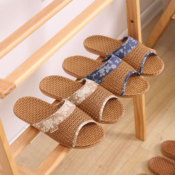 

breathable straw mat shoes woman indoor slippers anti-slip lovers home linen slipper female male house floor slides sh423, Black