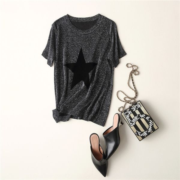 

o8d3j jia zhi 7-6083 2019 early spring new classic round neck bright silk korean style five-pointed star ice t-shirt sweater sweater silk t, White