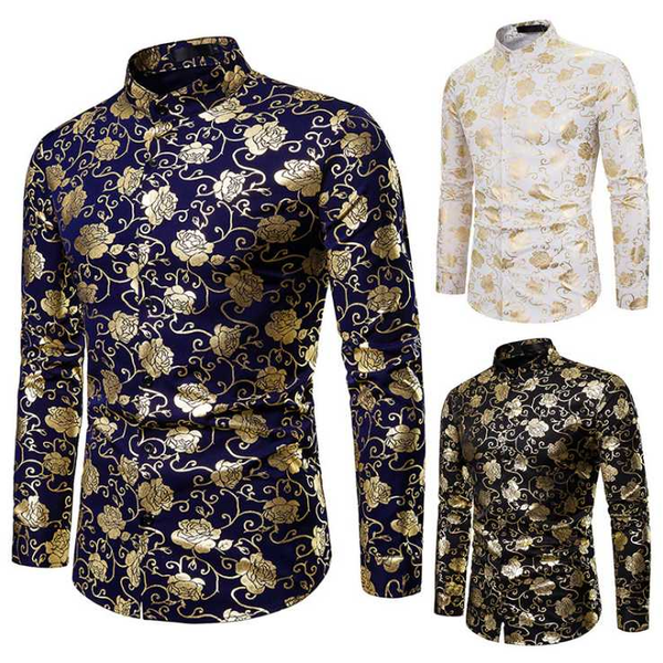 

stand collar long sleeve men's tuxedo shirts bronzing printing dress shirt full length sleeve size s-2xl ing, White;black