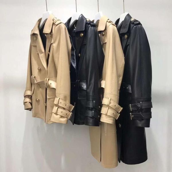 

leather suede 2020 women spring real sheepskin jacket short and long style clothes with sashes new fashion dust coat, Black