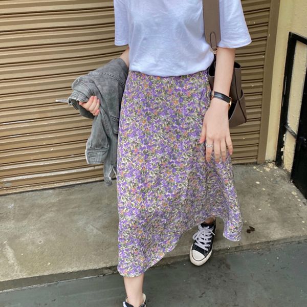 

vintage floral print ruffle chiffon pleated long skirts women korean skirt streetwear drawstring elastic waist midi skirt, Black