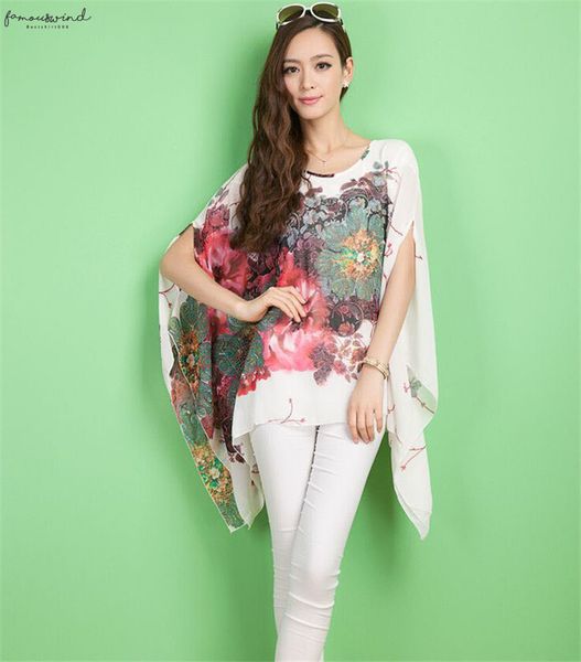 

women summer style elegant chiffon shirt casual loose batwing sleeve floral print chiffon shirt blouse, White