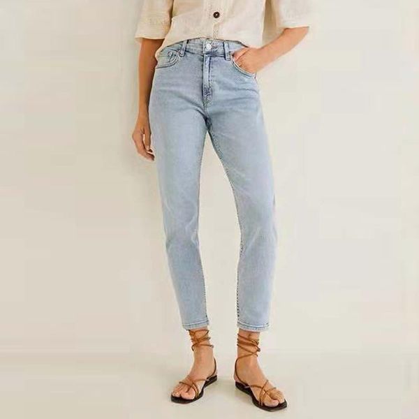 

women's jeans fashion korean vintage womens button pocket elastic trousers casual denim straight pants mujer l42, Blue