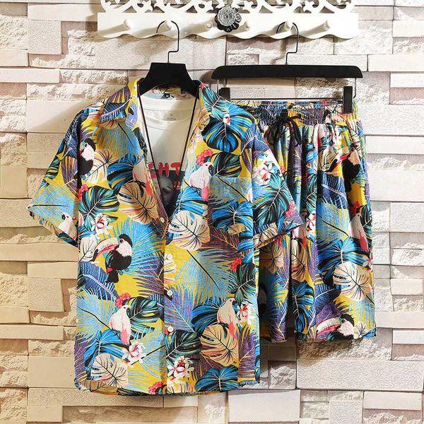 

2020summer sets men casual beach wear men 2 piece set prined shirt + shorts summer clothes shorts set floral print shirts, Gray