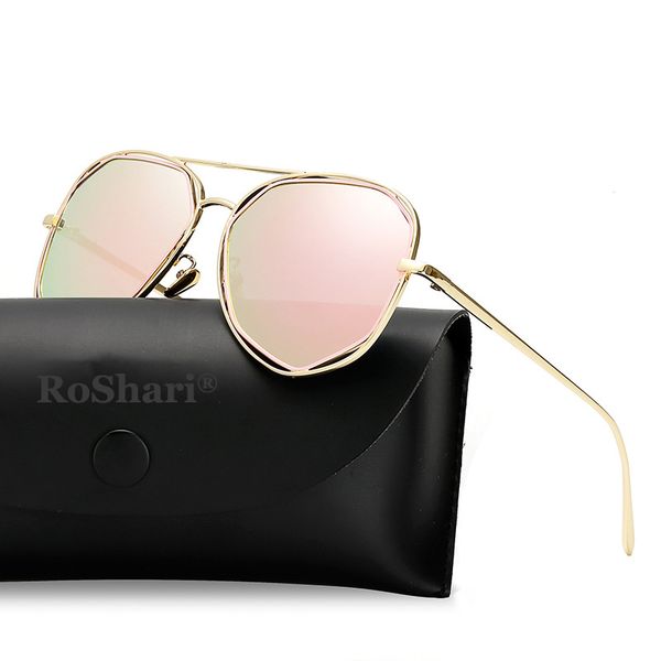 

roshari polarized sunglasses women 2020 design mirror flat rose gold vintage fashion sun glasses lady eyewear, White;black