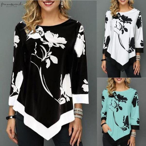 

blusas mujer de moda 2020 blouse fashion women casual v neck print blouse long sleeve irregular loo blouses polyester bb3m, White