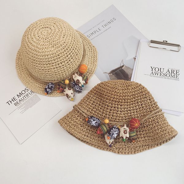 

new style solid color pumpkin ball college style children's straw hat summer outing beach college baby bucket hat, Yellow