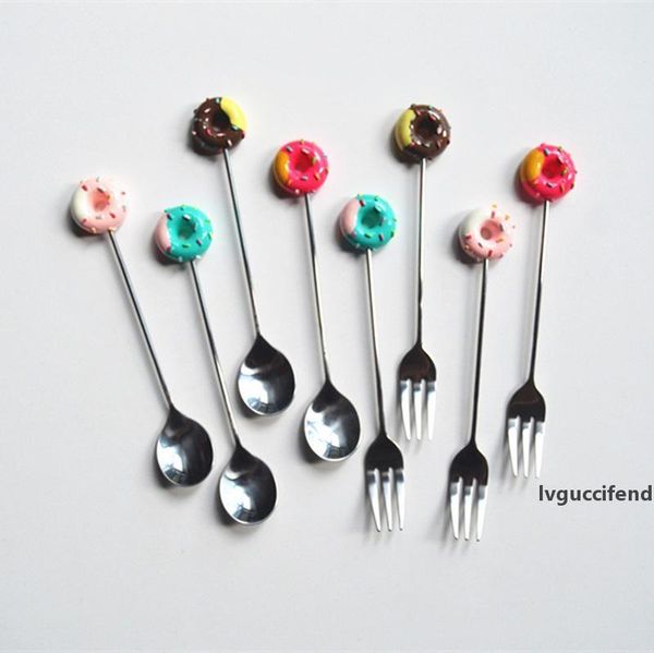 

3styles stainless steel doughnut flatware spoon donut forks coffee dessert spoon stir bar tea ice cream candy kitchen tableware ffa2328