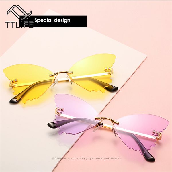

ttlife 2020 vintage sunglasses women fashion butterfly rimless sun glasses shades uv400 metal glasses oculos masculino eyewear, White;black