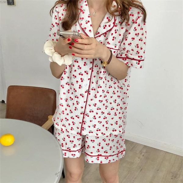

cherry 2pcs summer sleepwears woman lapel neck pocket tshirts with short suits women cute fashion underwears womens, Black;red