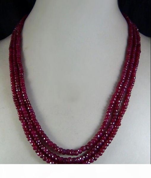 

new 2x4mm natural ruby faceted beads necklace 3 strand, Silver
