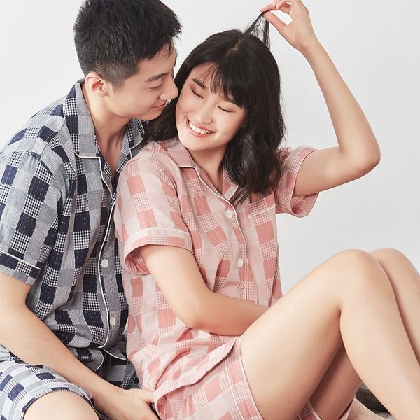 

kimo linpo cotton double-layer gauze loose starry sky pajamas plaid short-sleeved shorts lovers' home clothes pajamas, Blue;red