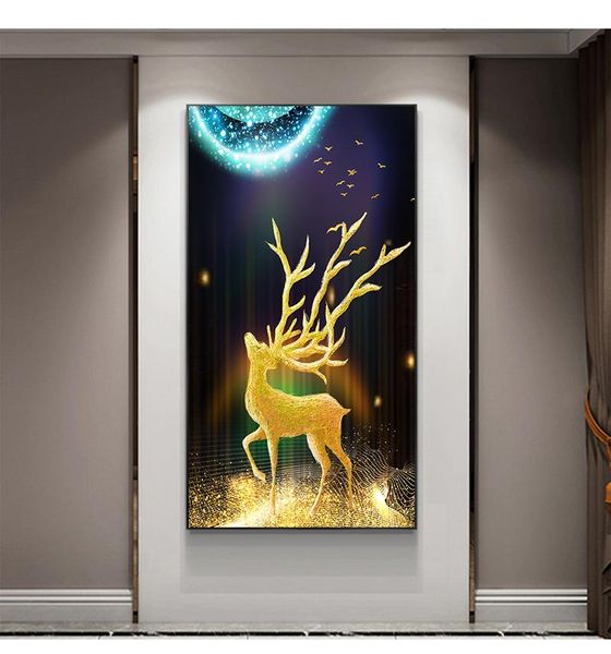 

Modern Abstract Art Golden Elk Landscape Canvas Painting Wall Art Pictures for Living Room Home Decor (No Frame)