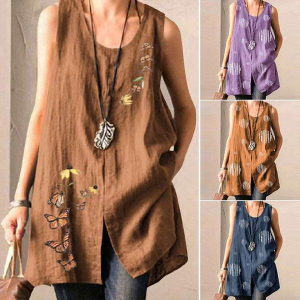 

2020 zanzea women printed blouse elegant summer tank casual split asymmetrical shirts female o neck blusas plus size tunic, White