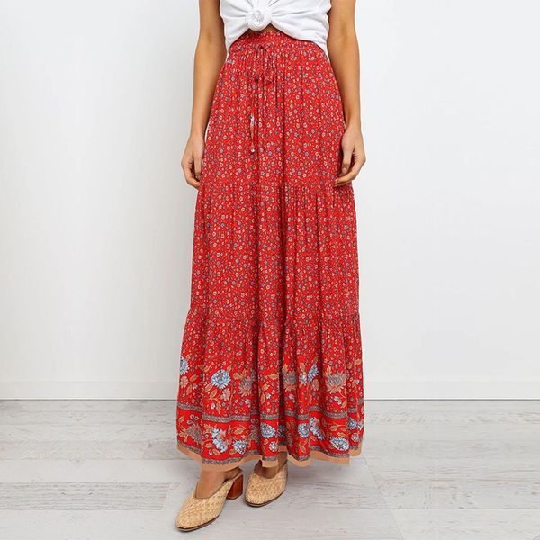 

spring summer lace up print skirt women fashion cotton a line casual long skirt 2020 new, Black