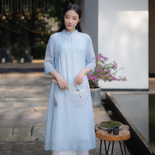 

modern hanfu chinese traditional clothing purple cool skirt literary retro dress elegant woman chinese style printing linen robe, Red