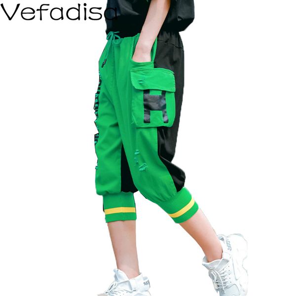 

vefadisa drawstring waist harem pants letter print women pants 2020 summer hole calf-length yellow green qyf2639, Black;white