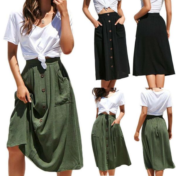 

2 colors women casual midi skirt elastic high waist button pockets ladies autumn skirts fashion loose plus size skirt, Black