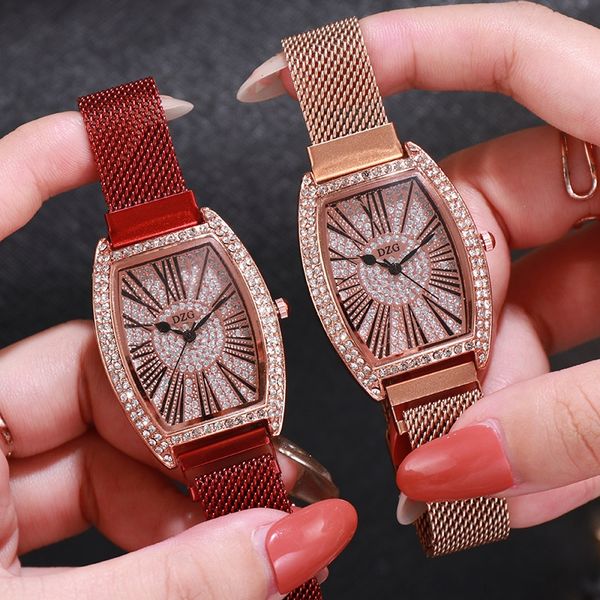 

dzg women's with full diamond strap rose gold large dial wine barrel watch large roman-style iron-absorbing stone strap watch, Blue