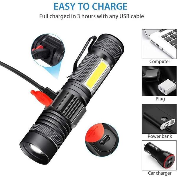 

flashlights torches led light powerful rechargeable flash t6 cob lamp camping bicycle torch portable tactical