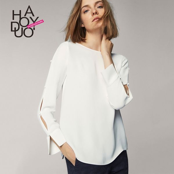 

haoduoyi2020 long-sleeved women's autumn shirt new fashion solid color side split sweet shirt, White