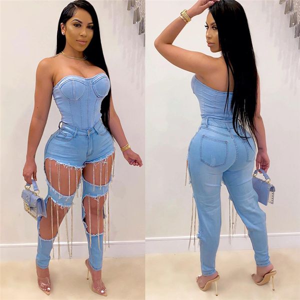 

summer ladies designer straight jeans light blue big hole ripped tassel fashion ol style female clothes