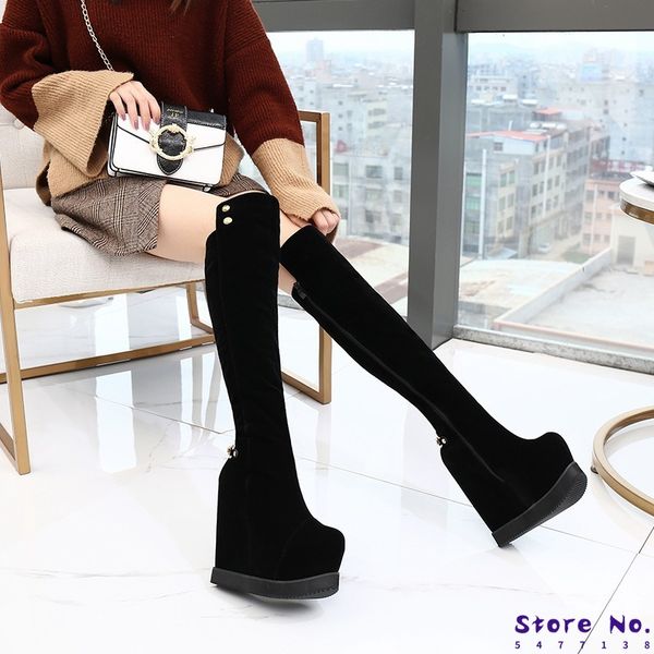 

women winter wedges knee high black boots women's slim super tube plus velvet thick bottom high boots zyw-2686-2