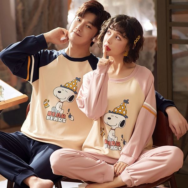 

autumn couple pajamas cotton long sleeve korean style women's home clothes cotton men's wear pullover home clothes pullover suit, Blue;red