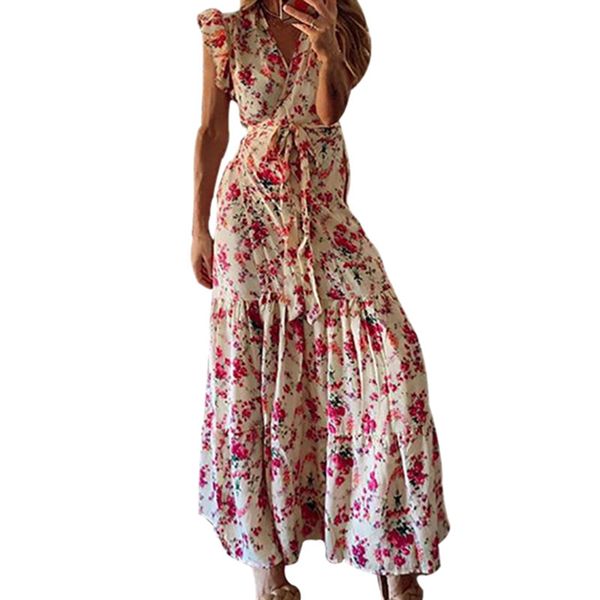 

women summer floral print long maxi dress boho beach dress short sleeve, White