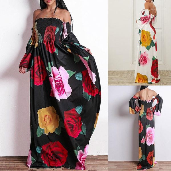 

loose summer maxi dresses high waist long sleeve fitness party vacation dresses rose floral womens designer dresses slash neck off shoulder, Black;gray