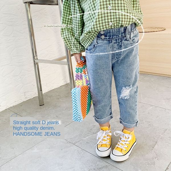 

олень олень девочек отверстия малых и средних размеров ребенка и джинсы детская одежда джинсы для девочек, модная детская одежда осенние брю, Blue