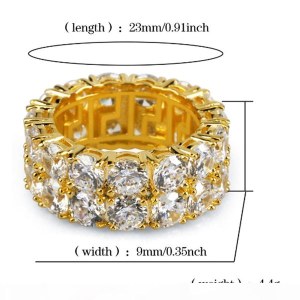 

f mens 2 row iced out 360 eternity gold bling rings micro pave cubic zirconia 18k gold plated simulated diamonds hip hop ring with gift, Golden;silver