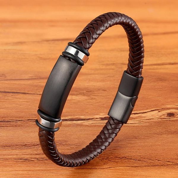 

tyo custom stainless steel black matte metal charm men's handmade braided real leather boyfriend bracelet with magnetic clasp, Golden;silver