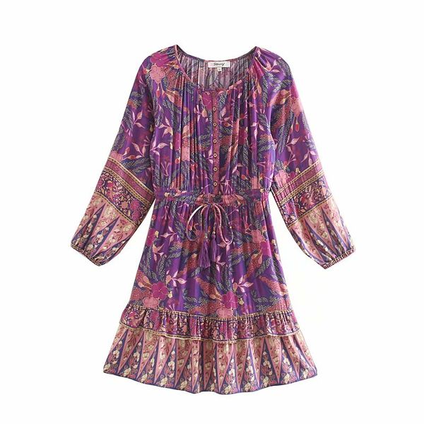 

new women sweet cascading ruffles printing drawstring sashes mini dress holiday wind vestidos chic bohemian beach dresses ds3104, Black;gray