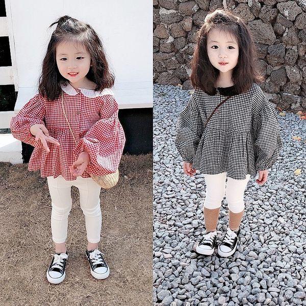 

yu.kids girls autumn korean style collar plaid shirt baby lantern doll sleeve foreign style doll shirt, White;black