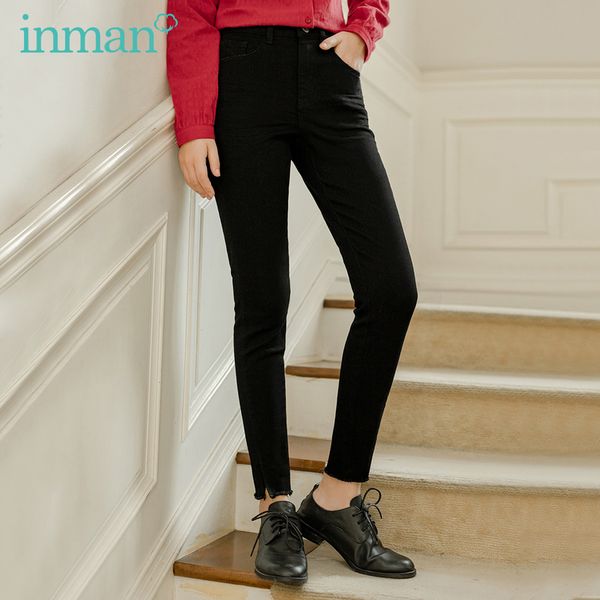 

inman 2020 autumn new arrival concise style mid-waist black washed jeans slimming pencil trousers, Blue