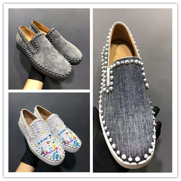 

fashion suede men casual shoes rivet stud flat shoes low spike outdoor sneakers grey black red white lace up men runway shoes