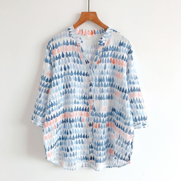 

2020 new summer women blouse mori girl literary watercolor print thin v-neck shirt women cotton, White