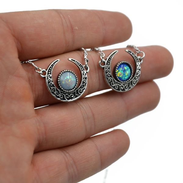 

1pc new desgin synthetic opal vintage tribal crescent form pendant necklace with 24 inch chain fashion jewelry, Silver