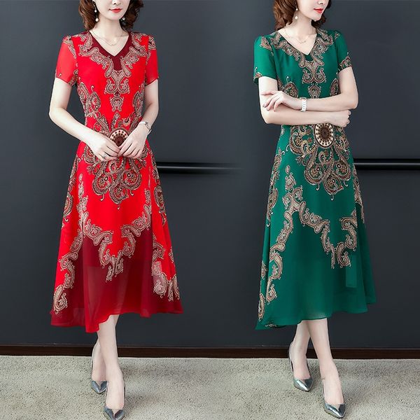 

improved cheongsam dress dresscheongsam dress2019 new v-neck high waist western style over-knee printed large size chiffon dress, Black;gray