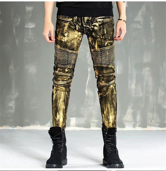 

men designer jeans fashion light metallic luster skinny pencil pants zipper fly vintage hemme coated jeans, Blue