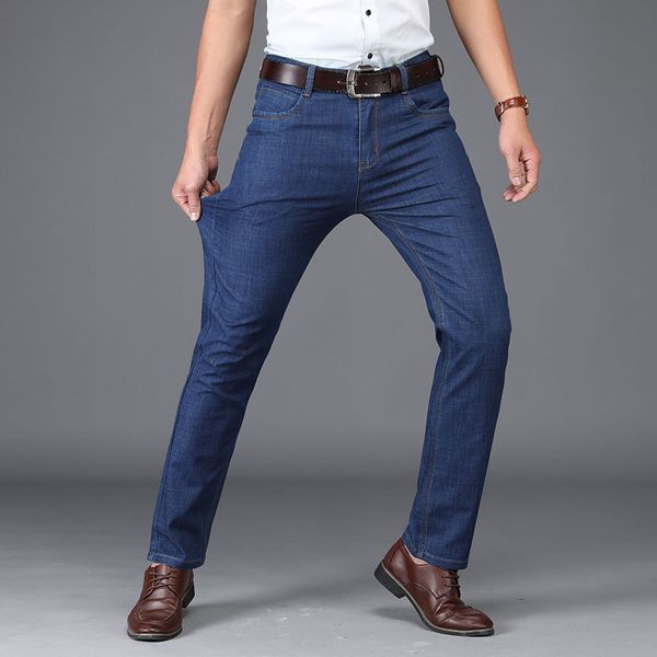 

новый дизайн моды для мужчин джинсы вскользь stretch ripped прямые сыпучие летние тонкие джинсы для мужчин плюс размер, Blue