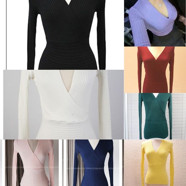 

spring and autumn new cross deep v-neck base shirt pullover slim high waist long sleeve pullover sweater women's tight sweater, White