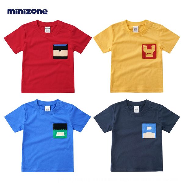 

minizone men's summer t-shirt short sleeve clothing children's round collar cotton boys' small and medium children's clo, Blue