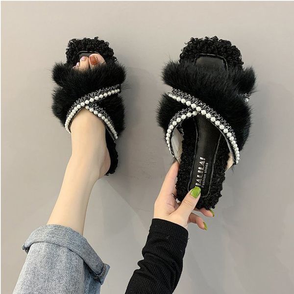

women fur home slipper 2020 woman autumn winter indoor slide women's fashion plush flat ladies casaul cross footwear female shoe, Black
